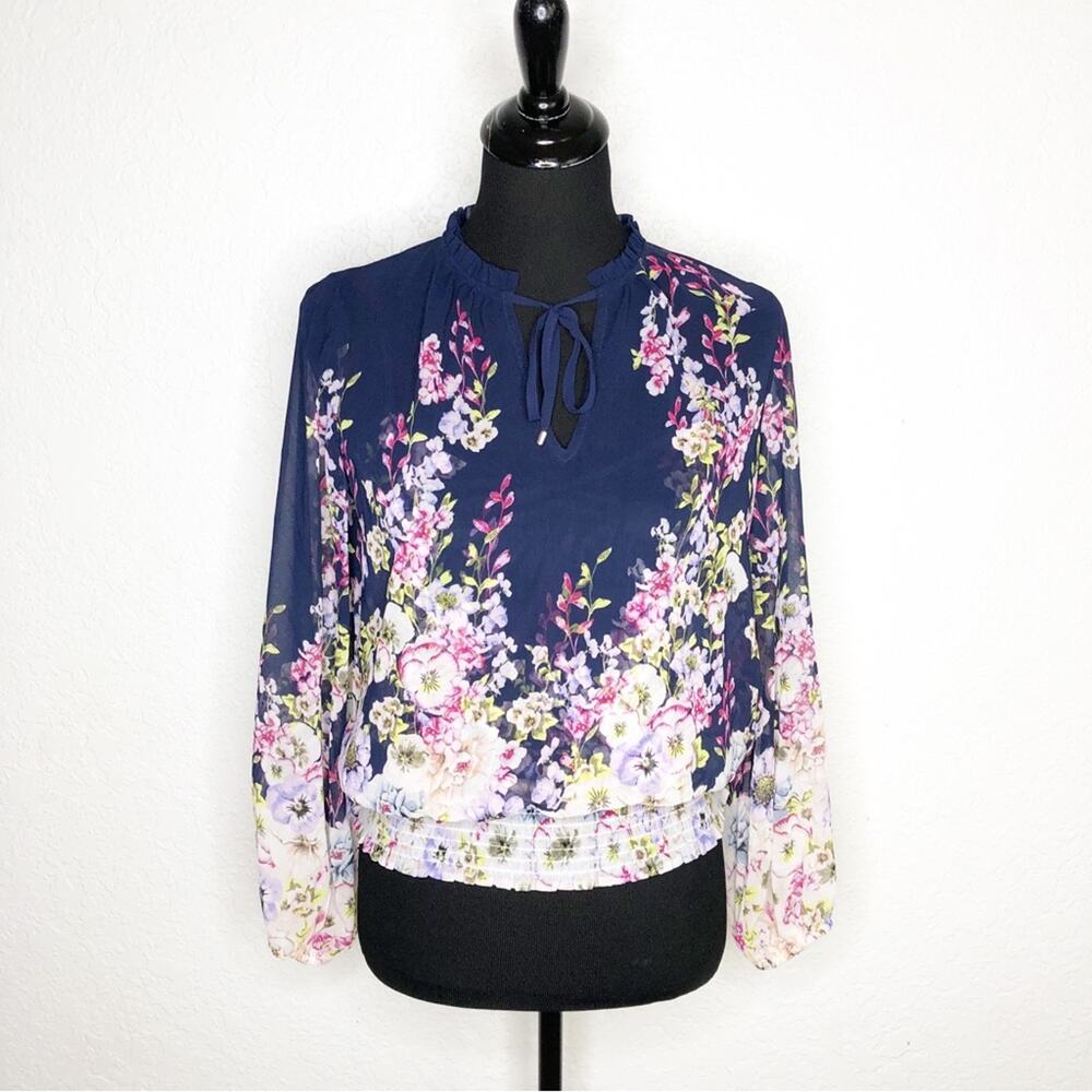 WHBM navy pink white floral sheer overlay peasant top size XXS NWT